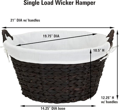 Household Essentials Round Wicker Laundry Basket with Handles, Whimsical Water Hyacinth Basket, Supportive Metal Frame, Removable Polyester Liner, Handwoven, Well-Structured and Versatile, Brown