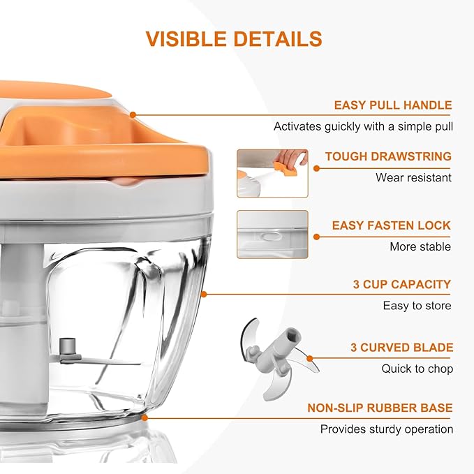Manual Food Processor & Vegetable Chopper, Hand Pull String Garlic Mincer Onion Chopper Dicer for Salsa Pesto Guacamole, 3 Stainless Steel Blades, 500ml White