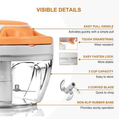 Manual Food Processor & Vegetable Chopper, Hand Pull String Garlic Mincer Onion Chopper Dicer for Salsa Pesto Guacamole, 3 Stainless Steel Blades, 500ml White