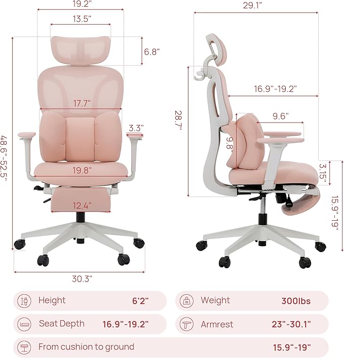 CabLady S1 Petite Ergonomic Office Chair Design with Detachable Pillow Lumbar Cushion, Coat Hanger, 2D Headrest & PU Armrests, Cloud Seat & Footrest Cute Desk Chair for Women Girls