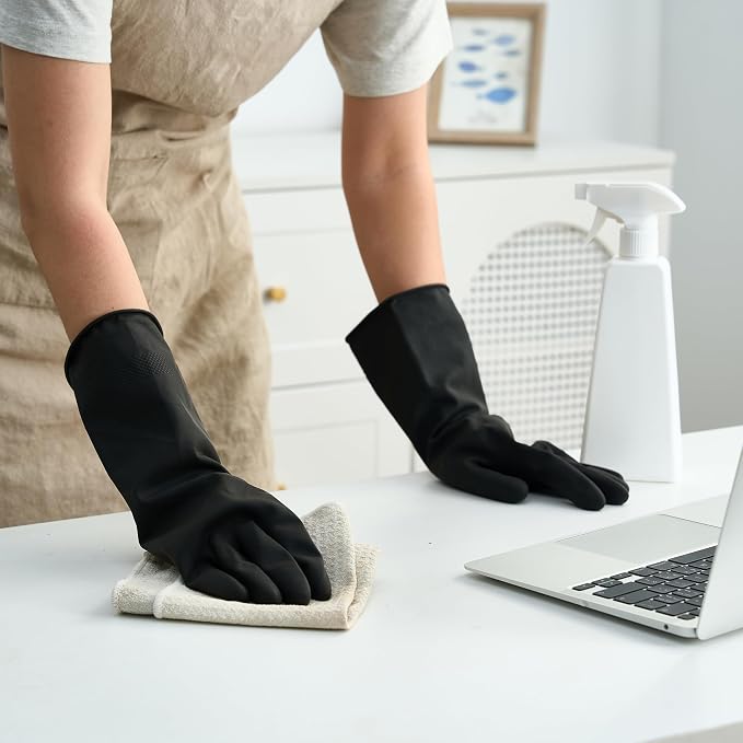 Bamllum 4 Pairs Black Rubber Dishwashing Gloves - Reusable Cleaning Gloves for Kitchen, Household, Anti-Slip, Flexible & Long-Lasting (Small)