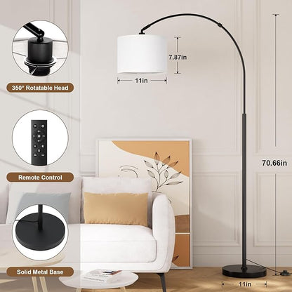 Ambimall Dimmable Arc Floor Lamp with Remote, Color Temperatures and Brightness Adjustable, Arched Floor Lamp with Rotating Head, Over Couch Arched Reading Light for Living Room (White and Black)