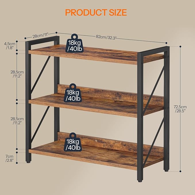 HOOBRO Bookshelf, 3-Tier Industrial Bookcase, Book Shelf Storage Organizer, Bookshelf with Metal Frame for Living Room, Bedroom, Home Office, Kitchen, Rustic Brown and Black BF718SJ01