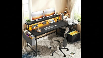 Gaming Desk with Monitor Stand,Computer Desk with LED Lights &Power Outlets,Office Desk with Drawers & Printer Shelf,Writing Table with Side Storage Bag,57" W x 20" D x 36" H,Black Desk