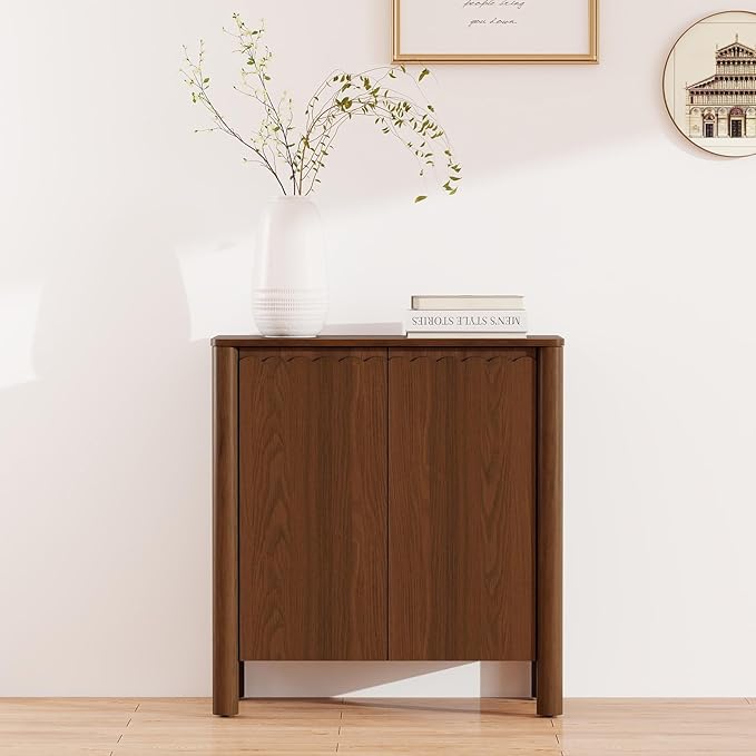 Buffet Cabinet with Storage, Accent Sideboard Cabinet with Adjustable Shelves, Solid Wood Freestanding Storage Cabinet for Living Room Dining Room Entry Kitchen, Walnut
