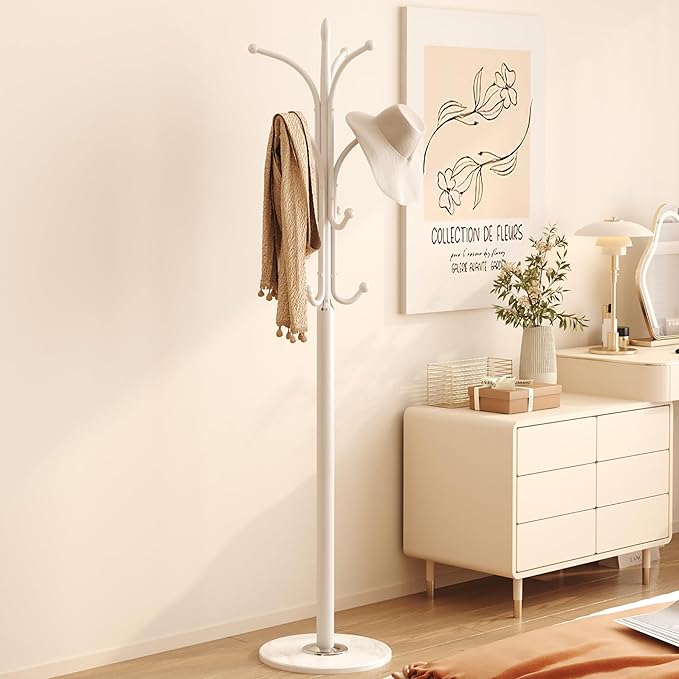 HOMEFORT Coat Rack Stand, Freestanding Coat Tree with Natural Marble Base, Metal Hall Tree with 12 Hooks for Hanging Hat, Clothes, Bag, Entryway Storage Organizer, White