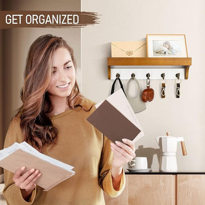 Rebee Vision Key and Mail Holder for Wall with Shelf - Farmhouse House Decor with 5 Rustic Keys Hooks and Decorative Mail Organizer Wall Mount - Decorative Apartment Essentials (Light Brown & White)