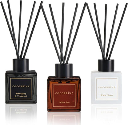 COCORRÍNA Hotel Collection Reed Diffuser Set, 3.04 fl oz Trio, Mahogany Teakwood, White Flower & White Tea, Home Fragrance for Bathroom, Bedroom, Entryway & Office