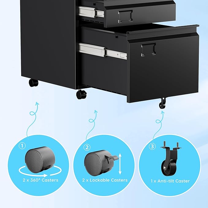 SUXXAN 3 Drawer Under Desk Mobile File Cabinet with Lock, Metal Storage Cabinet for Office & Home, Legal/Letter Size, Fully Assembled Except Wheels, Black
