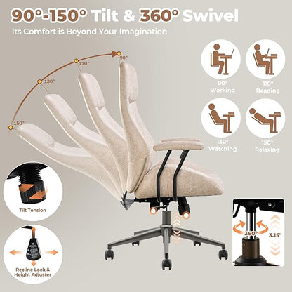 ovios Home Office Chair, Mid-Century Modern Faux Suede Leather Ergonomic Chairs, High Back Comfy Computer Swivel Rolling Task Executive Armchair, Beige