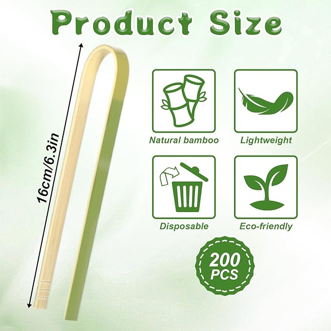 SHENLIU 200 Pcs 6.2 Inch Long Extended Mini Bamboo Tongs, Disposable Small Wooden Toaster Tongs Serving Party Cooking Utensils for Wedding Party Catering Buffet Home Charcuterie Catering Buffet