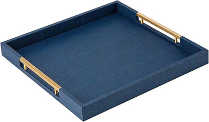 Navy Blue Faux Leather Large Square Decorative Serving Tray with Handles – for Coffee Table, Ottoman, Living Room, Bathroom & Home Decor