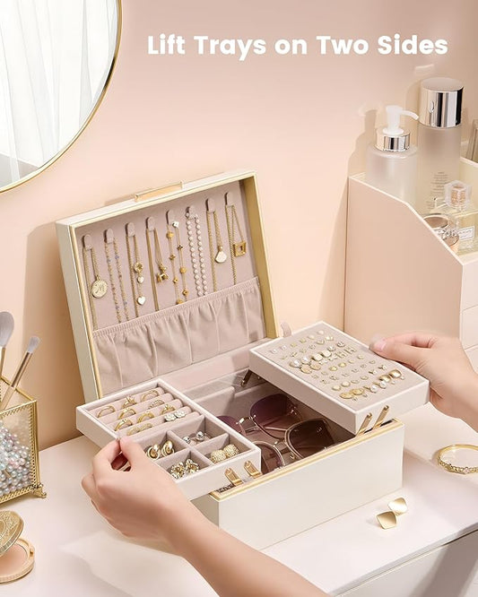 Lolalet Jewelry Box Organizer for Women Girls, 2 Layer Jewelry Organizers and Storage for Necklace Earrings Rings Bracelets, Large Jewellery Holder Case Birthday Gifts -Cream