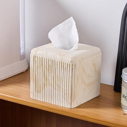 Natural Travertine Texture Striped Square Tissue Box Cover Decorative,Resin Heavy Sturdy Tissue Box Holder, Facial Paper Holder for Bathroom Vanity Countertop, Bedroom Night Stand,Office and End Table