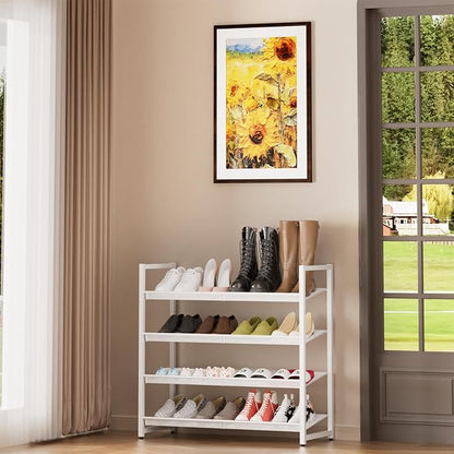 4 Tier Metal Shoe Organizer, Stackable Shoe Stand for Closet, with Adjustable Flat, Holds up to 20 Pairs, Sturdy Shoe Rack for Entryway Bedroom, White