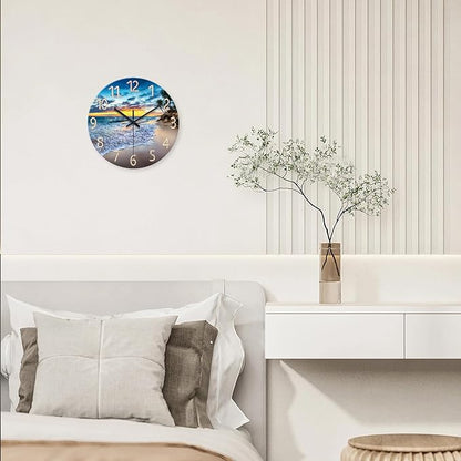 Beach Clocks Wall Decor Glass Modern Coastal Wall Clock Silent Non Ticking Blue Ocean Wall Clock Battery Operated 14 Inch