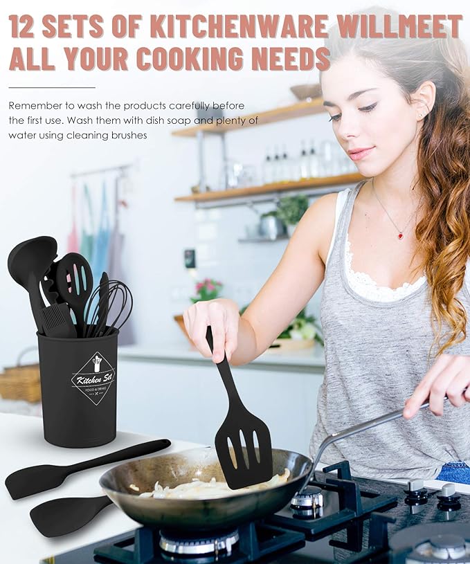 Pranski Kitchen Utensils Set-12 Pieces Silicone Cooking Utensils Set Dishwasher Safe 392°F Heat Resistant Spatula Set Nonstick Cookware