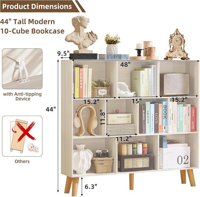 LEYAOYAO 10 Cube Bookshelf,3 Tier Modern Wide Bookcase with Legs,Mid-Century Wood Bookshelves Storage，Light Grey White Large Book Case,Freestanding Organizer Display Shelf for Living Room,Office