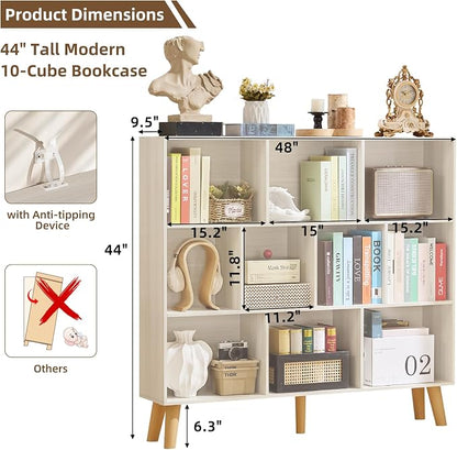 LEYAOYAO 10 Cube Bookshelf,3 Tier Modern Wide Bookcase with Legs,Mid-Century Wood Bookshelves Storage，Light Grey White Large Book Case,Freestanding Organizer Display Shelf for Living Room,Office