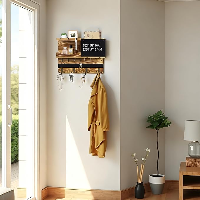 Key Holder for Wall Mount with Shelf and Mail Organizer, Key and Mail Holder with 16 Hooks, Farmhouse Entryway Organizer, Home Decor Rack(Pine Wood, Wood Color)