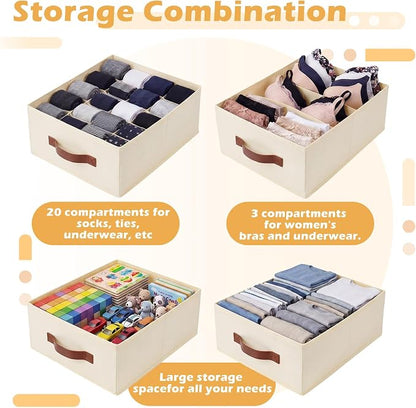 Windyun 4 in 1 Stackable Storage Drawers Closet Organizer with Dividers for Socks Underwear Bras Scarves Ties Large Dresser Organizer Bins Foldable Clothes Storage Boxes, 12 x 15 x 6 Inch(Beige)