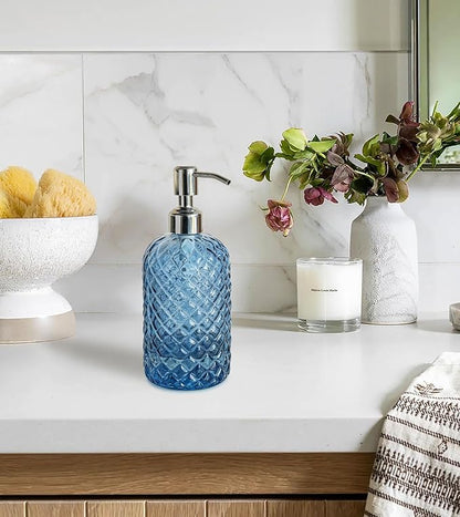 JASAI 18Oz Gem Patterned Glass Soap Dispenser for Kitchen and Bathroom, Refillable with Rust Proof Stainless Steel Pump (Blue)