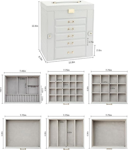 Large Jewelry Box,Jewelry Organizer Box with 5 Drawers,6-Tier Jewelry Boxes Organizers Jewelry Storage Case with Mirror,Extra Large Jewelry Boxes for Women(Grey)