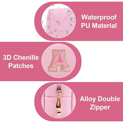 Personalized Initial A-Z Preppy Patch Makeup Bag,Small PU Leather Chenille Letter Cosmetic Bag with Zipper for Teen Girls,Pink Cute Travel Toiletry Bag,Birthday Monogrammed Gift for Daughter,Letter A