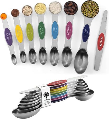ChefAide Pack of 8 Stainless Steel Magnetic Measuring Spoons Set, Dual Sided, Stackable, Adjustable Teaspoon and Tablespoon Measure Spoon with Leveler, Kitchen Gadgets