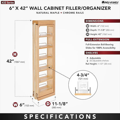 Rev-A-Shelf 6" W x 42" H Pull Out Quad Shelf Organizer for Wall & Base Kitchen Cabinets, Full Extension Filler Spice Rack, Adjustable, Wood, 432-WF42-6C