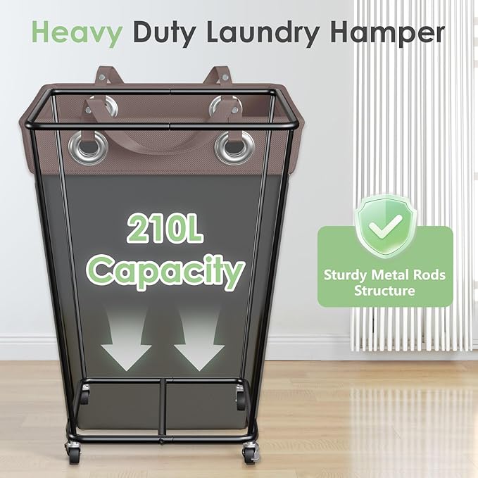 HILIUS Laundry Hamper with Wheels 210L Large Capacity Hamper Rolling Laundry Basket Extra Large Laundry Cart for Easy Transport Storage Basket Ideal for Dorm Laundry Room Bathroom Black