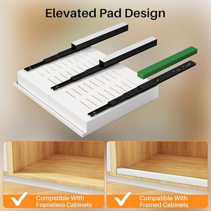 Pull out Cabinet Organizer, 4-Pack Expandable(13.6"-24") Silde out Drawers with Raising Pad for Framed Cabinets, Adjustable Full-Extension Adhesive Roll out Shelves for Kitchen Pantry Home Pot and Pan