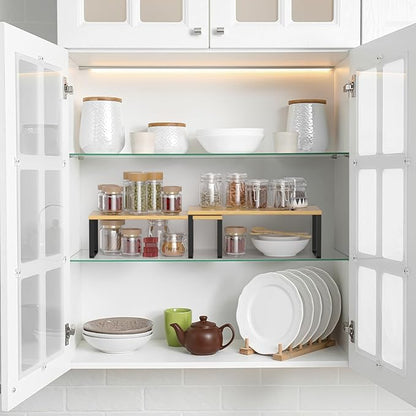 NEX Cabinet Shelf Organizer Set of 2, Kitchen Counter Shelves Spice Rack, Stackable, Expandable, Kitchen Pantry Cupboard Storage Organization, Black and Natural