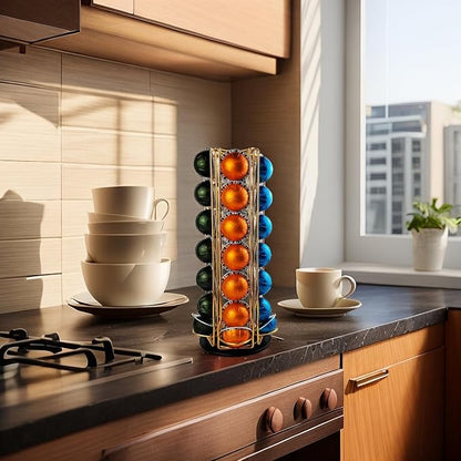 Vertuo Pod Holder Carousel Stand for 35 Nespresso Vertuo Capsule Storage Organizer with Extra Space for Coffee Mate Silent Rolling，Gold