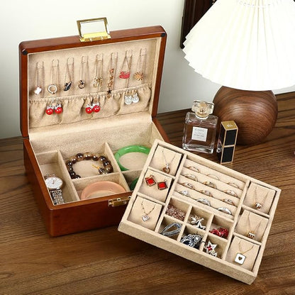 Wooden Jewelry Box with Lock,Double Layer Solid Walnut Wood Jewelry Organizer With Key Velvet Lining for Earrings Rings Necklaces Bracelets Cufflink Pendants Gift Idea Men Women