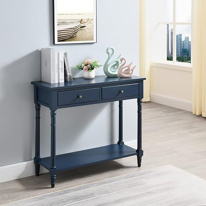 Solid Wood Console Table with 2 Drawers, 2-Tier 35.4" X 30" Accent Sofa Table with Multilayer Storage Shelf Rustic Hall Entryway Tables for Living Room Home Office-Blue
