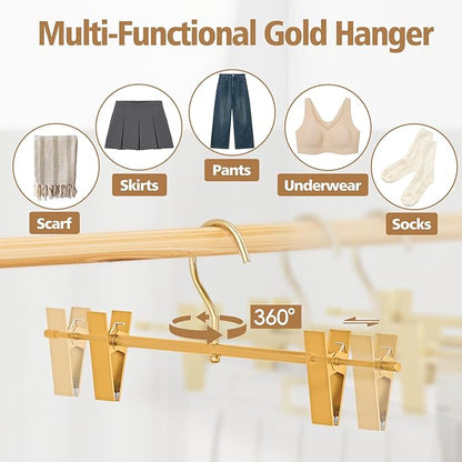 Matte Gold Aluminum Pants Hangers with 360°Swivel Hooks & Non-Slip Adjustable Clips, Lightweight, Durable, Space-Saving Closet Organizer for Trousers, Skirts, Jeans, Scarf, Kids&Adults, 10 Pack