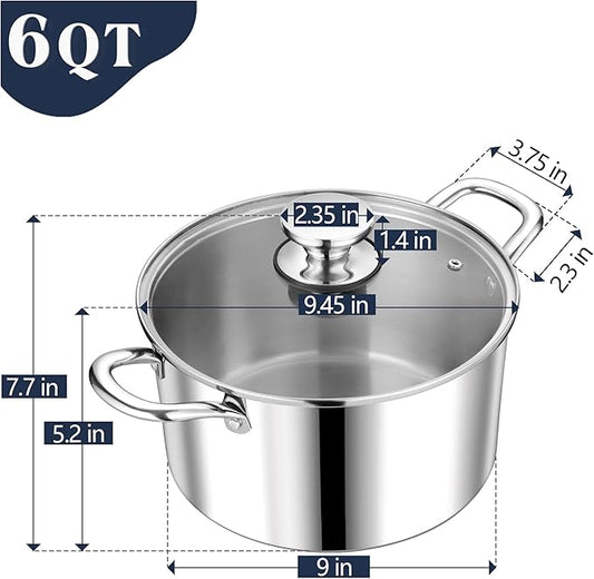 P&P CHEF 6 Quart Tri-Ply Stainless Steel Stock Pot, 6 Qt Stockpot Pasta Cooking Pot with Visible Lid for Soup Vegetable, Induction Cookware for All Stoves, Sturdy & Double Handle, Dishwasher Safe