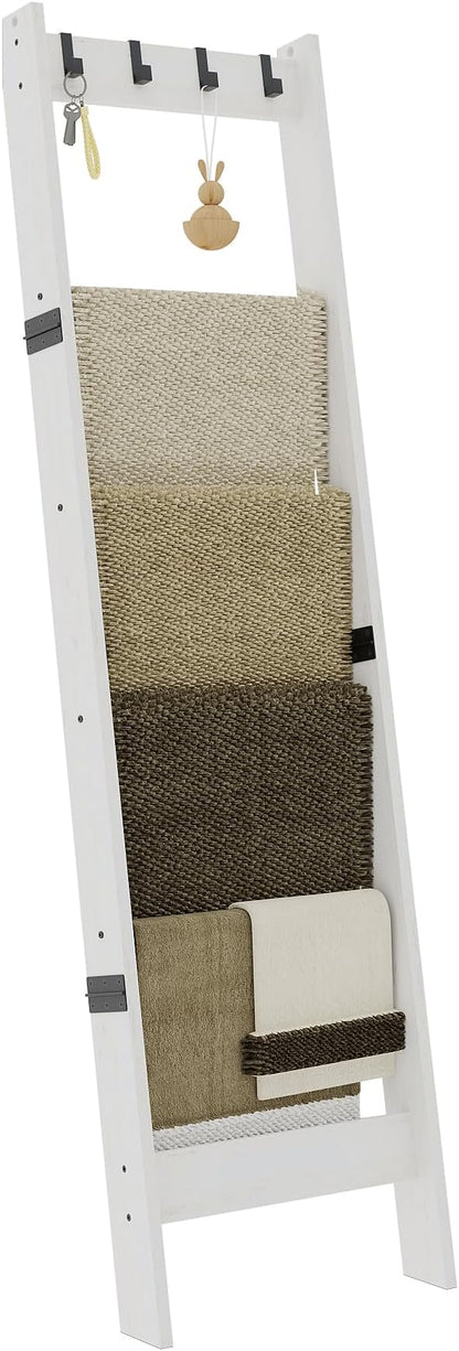 TRIFEBLE 6 Tier Blanket Ladder Shelf for Living Room and Bedroom, Ladder Holder with 4 Metal Hooks, 5.2ft Blanket Quilt Holder Rack, Farmhouse Ladder Rack for Storage and Home Decor, White