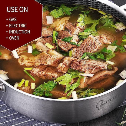 LOLYKITCH 6 QT Hybrid Tri-Ply Stainless Steel Non-Stick Sauté Pan with Lid,12 Inch Deep Frying Pan,Large Skillet,Jumbo Cooker,Induction Pan, Oven Safe and Detachable Handle.