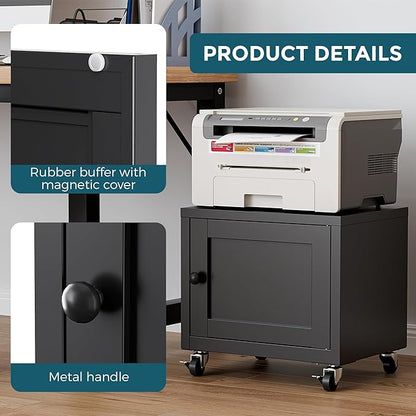 Small Printer Stand with Storage, Home Office Printer Table for Small Spaces, Under-Desk 3D Printer Stand with Wheels, for Office Copier and Fax Machine, Black