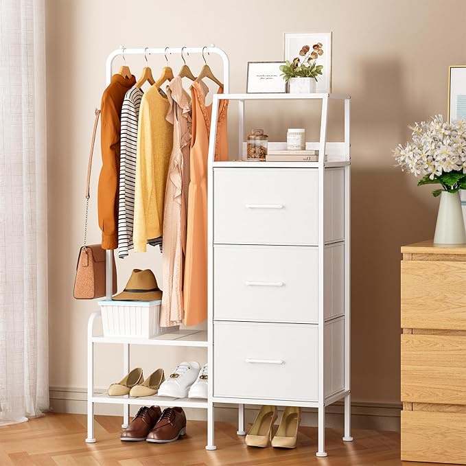 SWTYMIKI Dresser with Hanging Rack - 3 Fabric Drawers Kids Dresser for Bedroom - Reversible Tall Storage Tower, Small Space Clothes Storage Organizer Cabinet for Apartment, Dorm 49.21''H, White