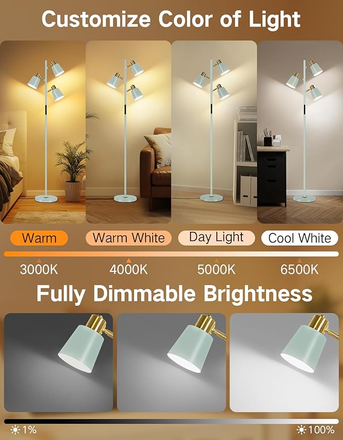 OUTON LED Tree Floor Lamp, Modern Dimmable Standing Lamp with Remote & Touch Control, 4 Color Temperatures, 3 Rotatable Lights Floor Lamps for Living Room, Bedroom, Office, Teal & Gold