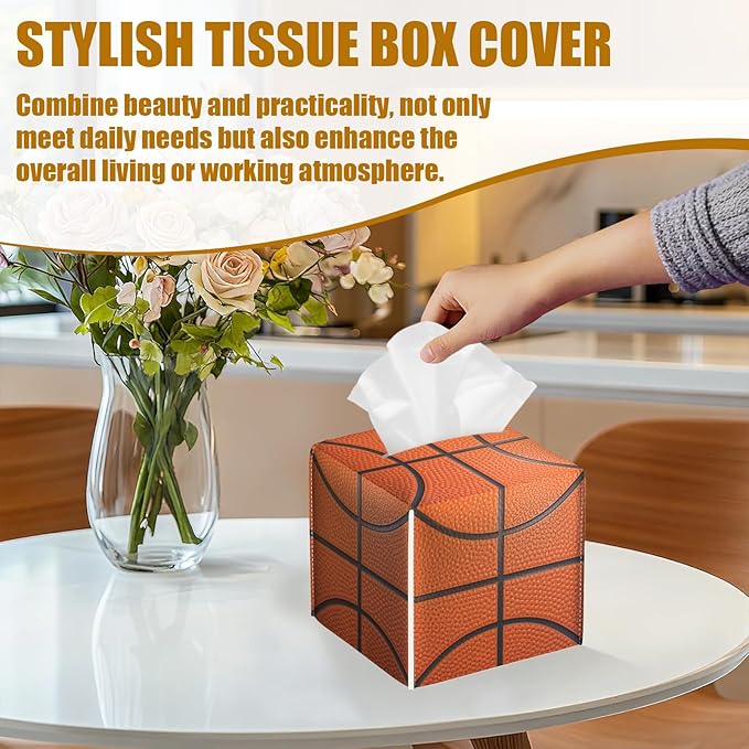 Basketball Tissue Box Cover 2PCS, Sport Ball Leather Tissue Box Holder Square Facial Paper Case Tissue Box Cube Organizer for Bathroom Bedroom Desk Office