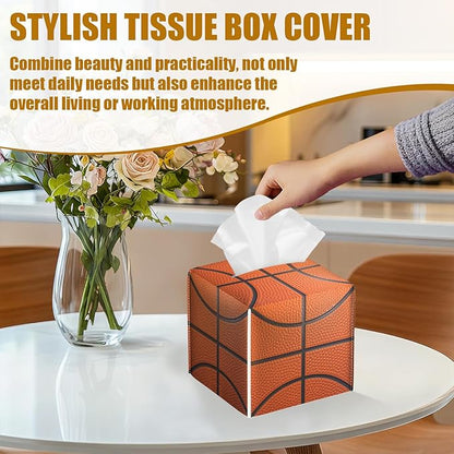 Basketball Tissue Box Cover 2PCS, Sport Ball Leather Tissue Box Holder Square Facial Paper Case Tissue Box Cube Organizer for Bathroom Bedroom Desk Office