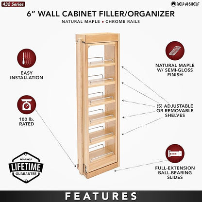 Rev-A-Shelf 6" W x 39" H Pull Out Quad Shelf Organizer for Wall & Base Kitchen Cabinets, Full Extension Filler Spice Rack, Adjustable, Wood, 432-WF39-6C