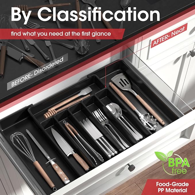 Aujen Silverware Organizer - Expandable Kitchen Drawer Organizer, Adjustable Utensil Organizer, Cutlery Tray for Forks, Knives, Multipurpose Kitchen Organizers and Storage Solution, Black, Large