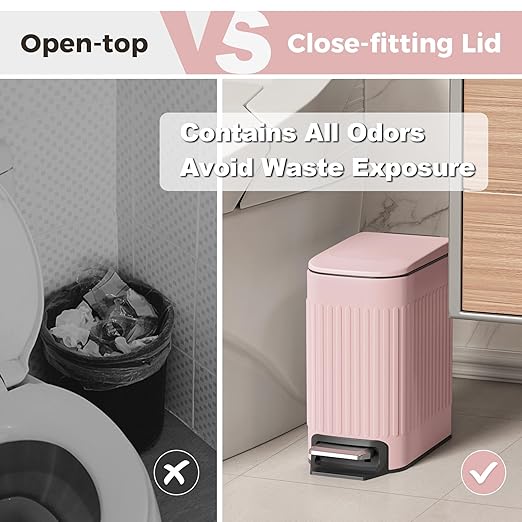 TrashAid Pink Bathroom Trash Can, 1.6 Gallon Stainless Steel Small Garbage Can with Lid, Step Pedal, Cute Wastebasket for Bathroom, Office, Bedroom, RV, Pink