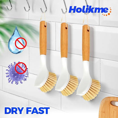 Holikme 3 Pack Dish Brush Set with Bamboo Handle, Kitchen Cleaner for Cleaning Pot, Pan, Sink and Stove, Scrubber with Medium Bristles, Yellow