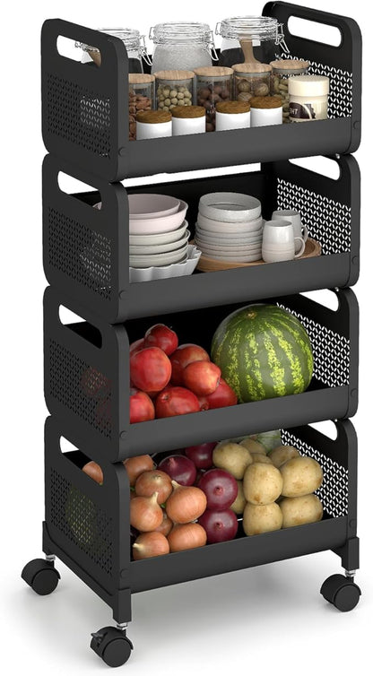 Sekey Fruit Vegetable Basket for Kitchen, 4 Tier Stackable Fruit and Vegetable Storage Cart, Pantry Organizers and Storage, Kitchen Furniture Utility Cart, Snack Rack, Potato and Onion, Black